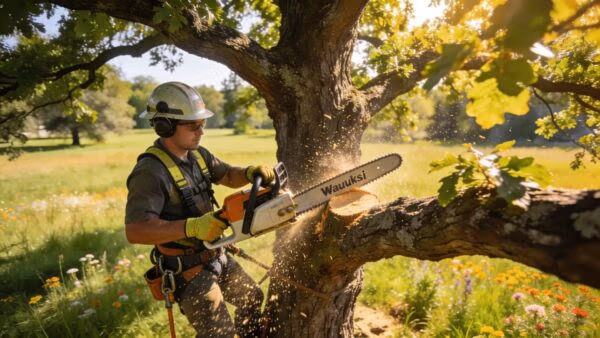 Professional tree trimmer pruning a tree in Waukesha, demonstrating expert techniques for tree health