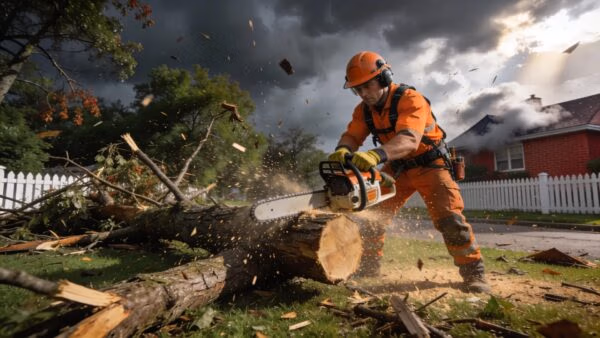 Certified arborist removing a fallen tree in a Waukesha County neighborhood, emphasizing emergency tree removal services