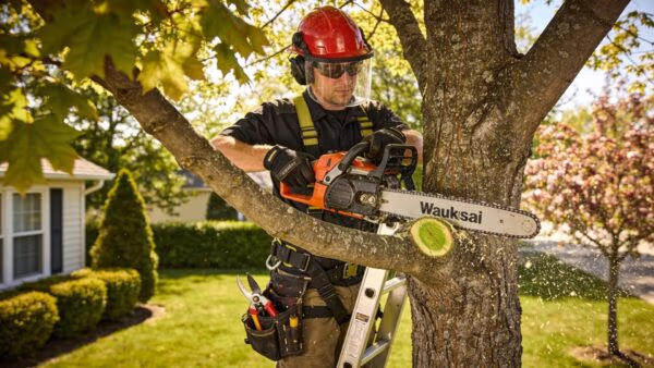 Professional arborist performing tree trimming in a Waukesha backyard showcasing the art of tree care