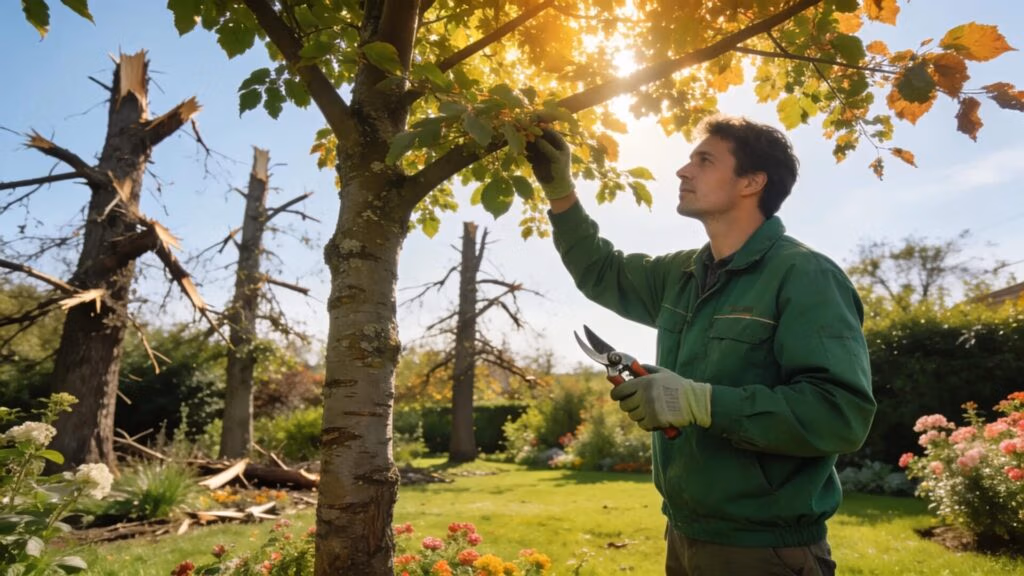 Worker inspecting healthy trees in a garden after storm recovery measures