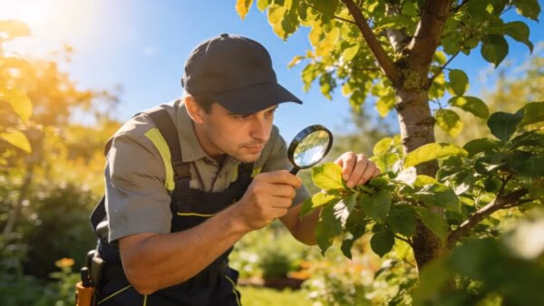 Arborist inspecting tree foliage in a sunny garden, highlighting tree health assessment