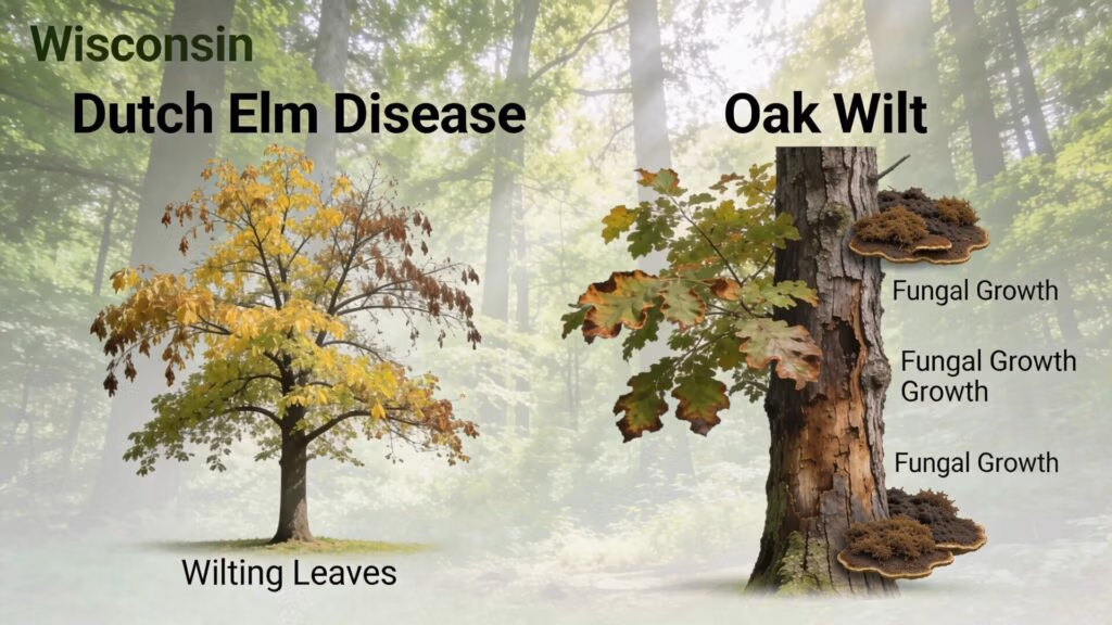 Diseased trees in Wisconsin illustrating symptoms of Dutch Elm Disease and Oak Wilt, highlighting tree health issues
