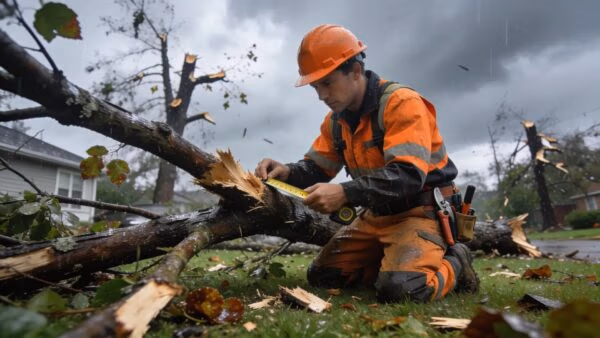 Professional arborist assessing storm damage to fallen branches in Waukesha