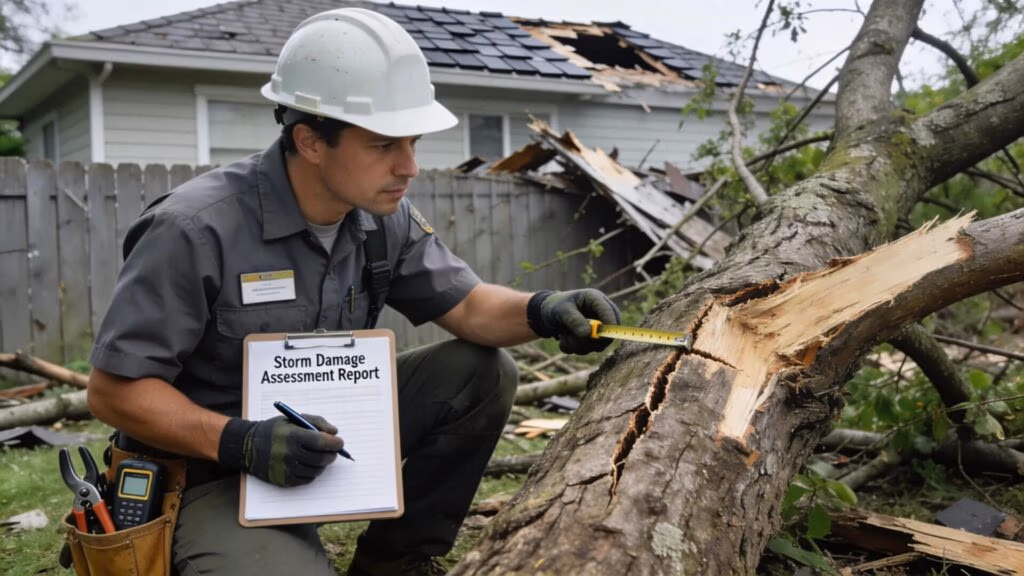 Certified arborist performing a comprehensive storm damage assessment on a tree in a Waukesha County home