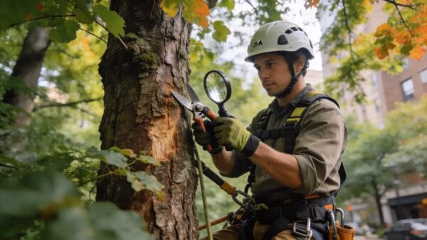 ISA Certified Arborist assessing tree health in an urban forest