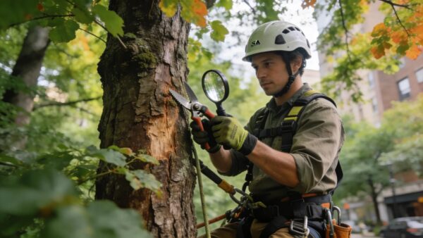 ISA Certified Arborist assessing tree health in an urban forest