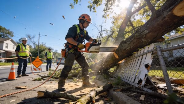 Emergency tree removal service by arborists showcasing specialized equipment amidst storm recovery in Waukesha County