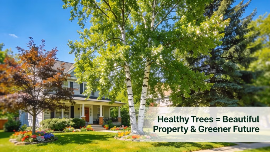 Well-maintained residential landscape with healthy trees enhancing property aesthetics and value
