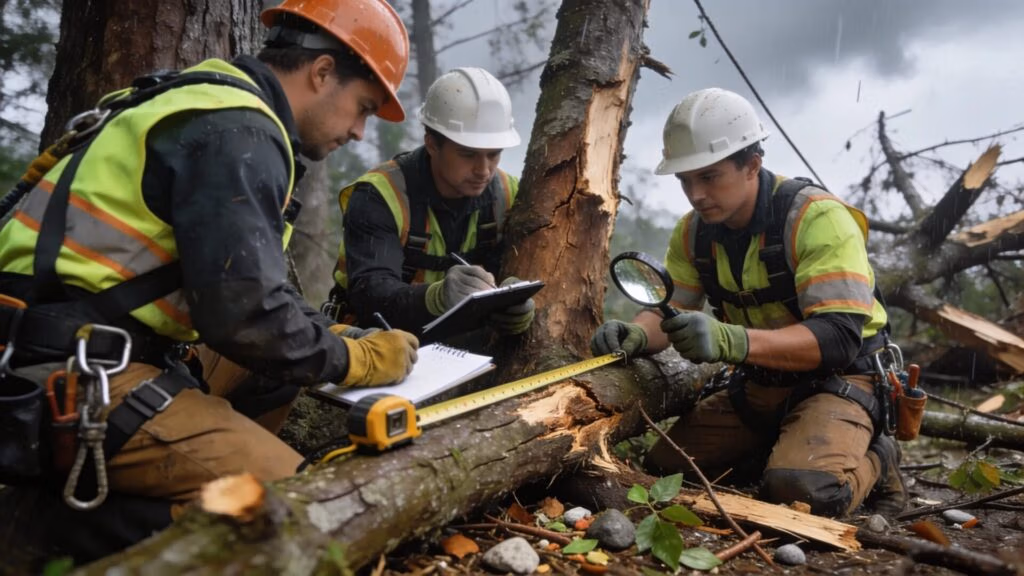 Team of certified arborists assessing storm-damaged trees for safe removal