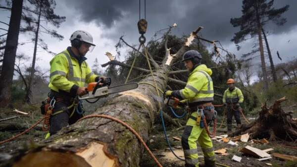 Emergency tree service team managing storm damage with safety equipment