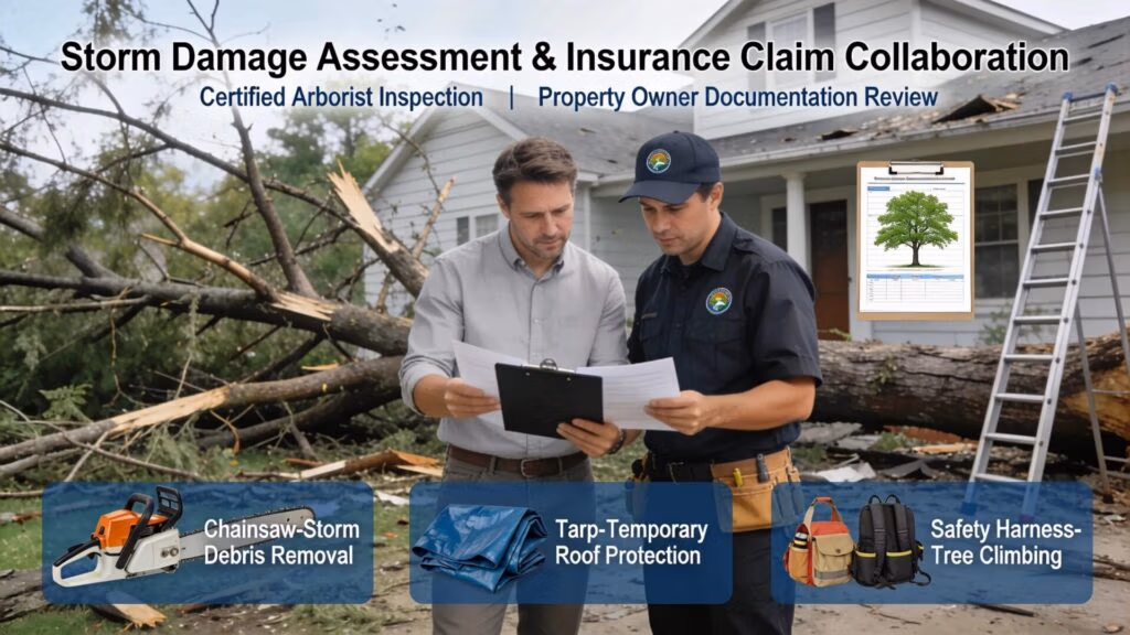 Property owner collaborating with arborist on navigating insurance claims for storm damage tree cleanup