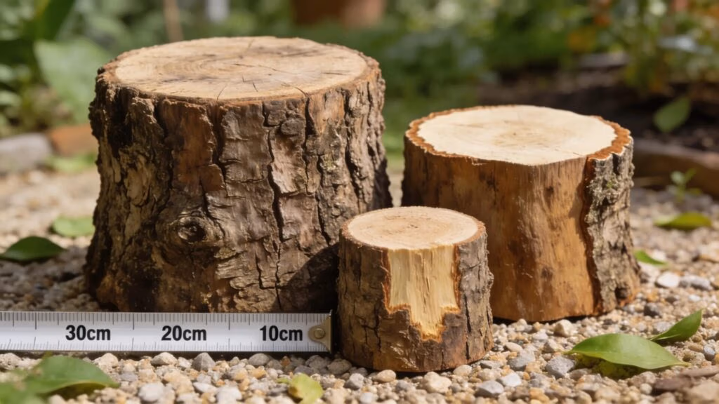 Various sizes of tree stumps with a measuring tape showcasing cost considerations