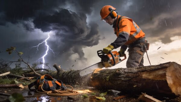 Certified arborist conducting emergency tree cleanup after storm damage in Waukesha