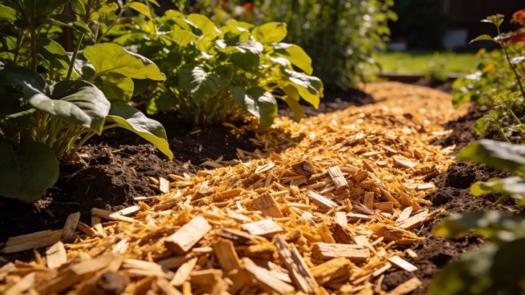Wood chips used for landscaping after stump grinding emphasizing sustainable practices