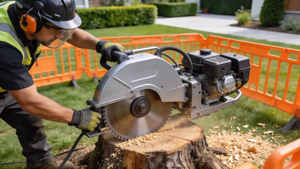 Technician using a stump grinder in a residential area emphasizing safe stump removal techniques