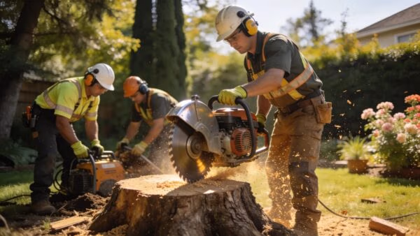 Professional tree service team performing stump removal in a backyard