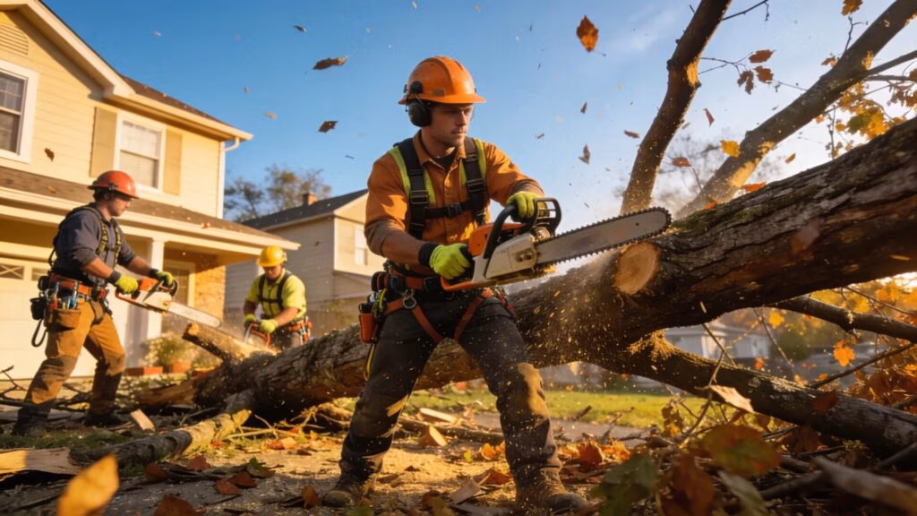 Arborists performing storm damage tree clean-up with safety gear and equipment