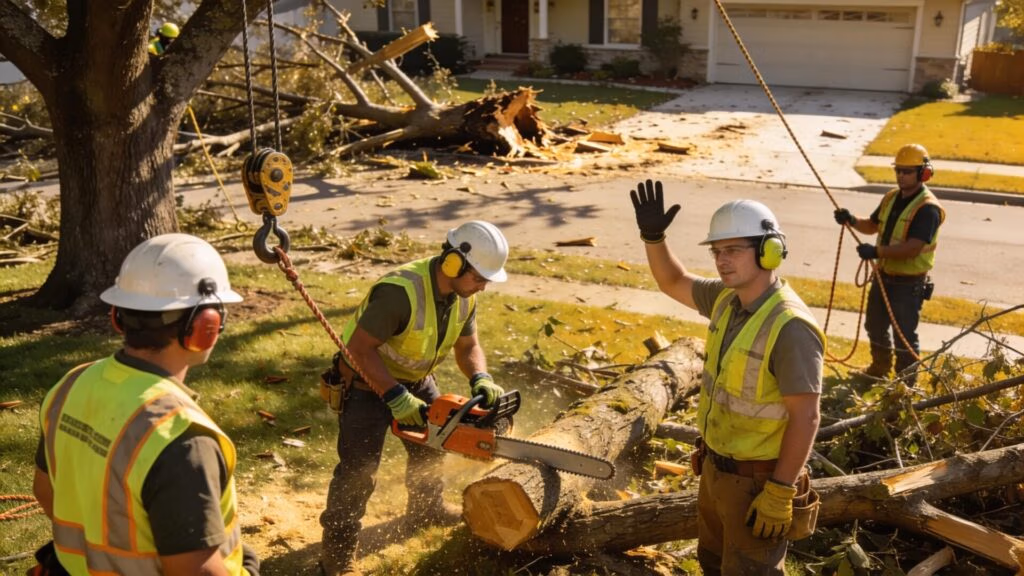 Tree service team conducting storm damage cleanup with professional equipment
