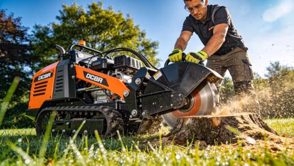 Professional stump grinding service in action showcasing tree removal equipment and outdoor landscape