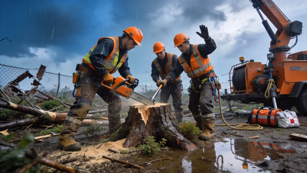 Arborists providing emergency stump removal service in a storm-damaged residential area