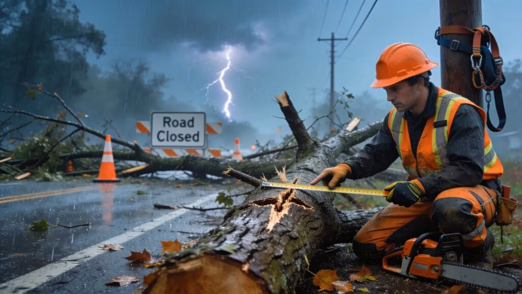 Arborist assessing a storm-damaged tree while following safety protocols during cleanup