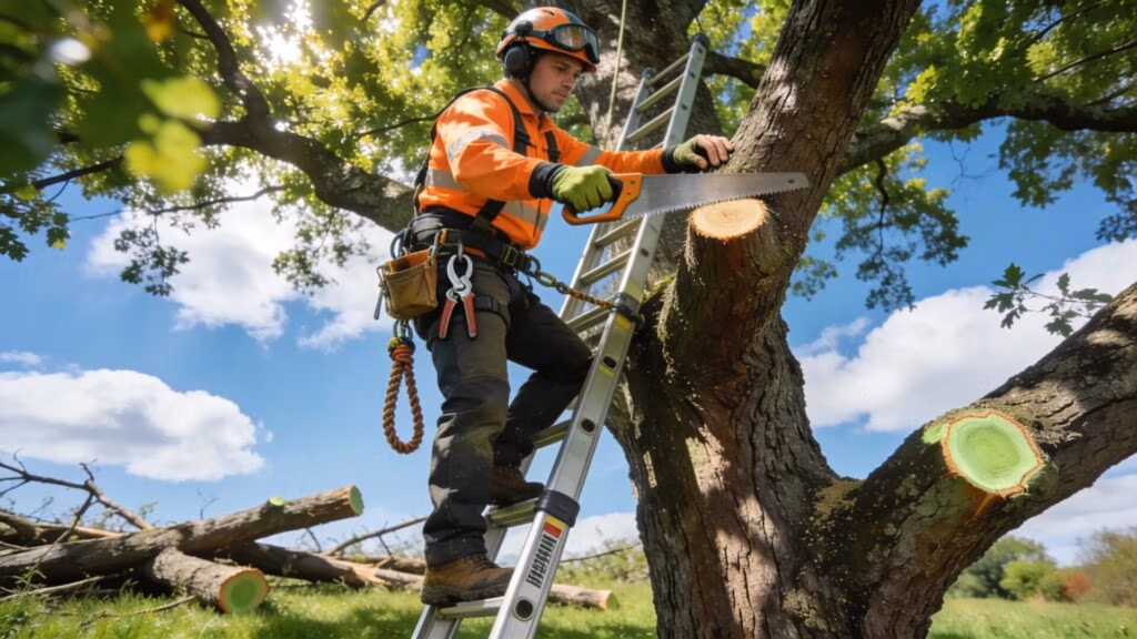 Certified arborist pruning a tree, demonstrating the importance of professional tree care and maintenance