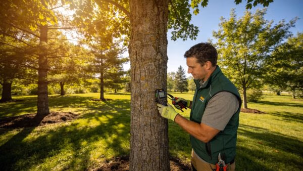 Healthy trees in Waukesha County with an arborist examining tree health, enhancing tree care topics