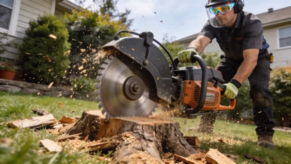 Stump grinding machine at work in a residential yard demonstrating tree stump removal efficiency