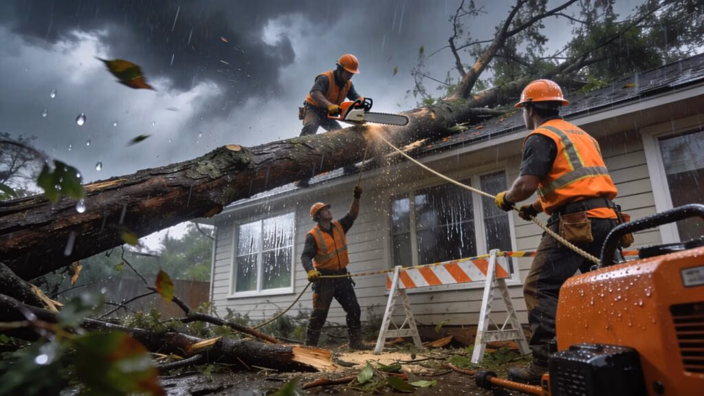 Emergency tree removal operation during a storm with arborists rescuing a house from a fallen tree