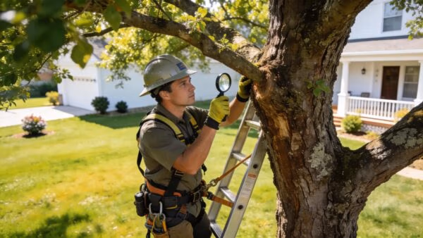 Certified arborist inspecting a tree, highlighting tree health assessments for homeowners