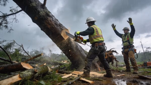 Emergency tree removal team cutting down a tree after storm damage in Waukesha County