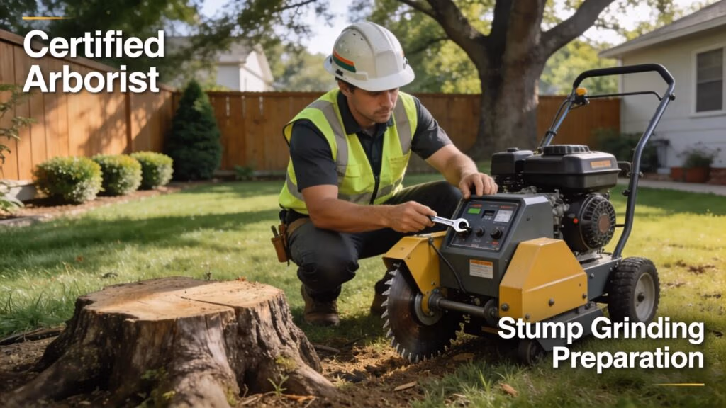 Certified arborist preparing stump grinder in a residential backyard