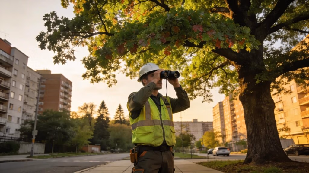 Arborist using binoculars to inspect tree canopy during health evaluation in urban area