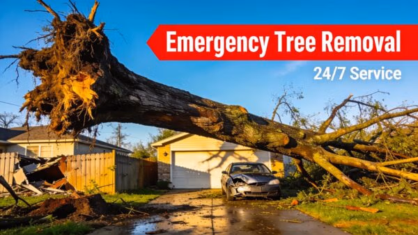 Fallen tree on a house after a storm, illustrating the need for storm damage tree removal services