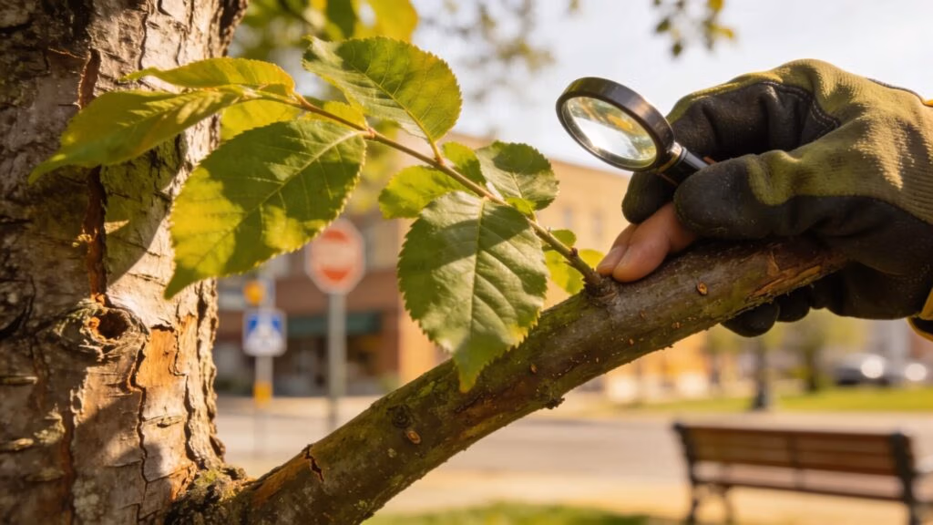 Close-up of healthy tree leaves and bark evaluated for assessment