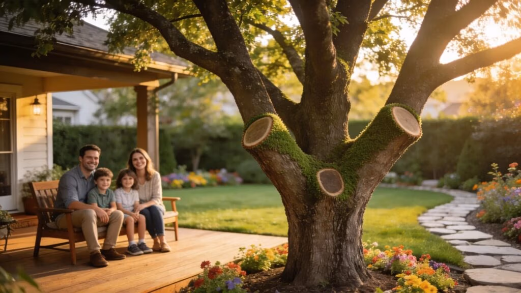Beautifully manicured yard showcasing a large healthy tree illustrating the benefits of professional tree trimming
