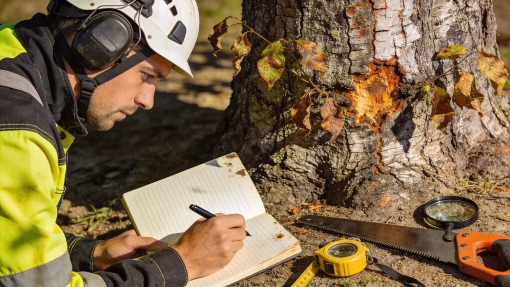 Arborist documenting tree health risks next to distressed tree, emphasizing assessment process