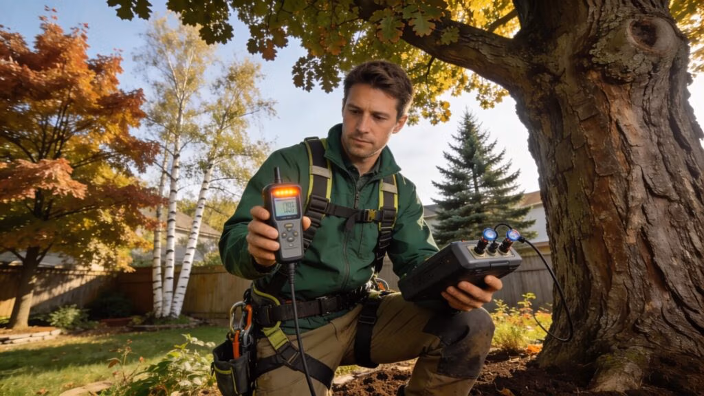 Certified arborist using technology to assess tree health and risks in a Milwaukee backyard