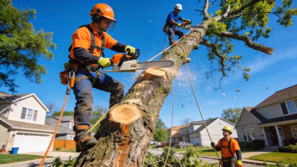 Professional arborists performing emergency tree removal in a residential area of Waukesha County