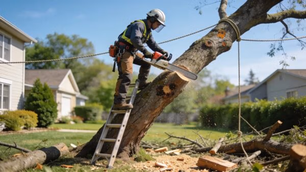 Tree removal service in action with a certified arborist cutting down a tree in a residential area