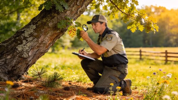 Arborist inspecting a tree for disease in a lush Wisconsin landscape, highlighting expert tree care services