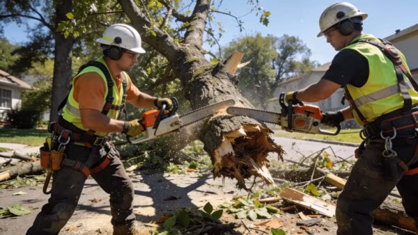 Arborists performing storm damage tree removal with chainsaws and safety equipment