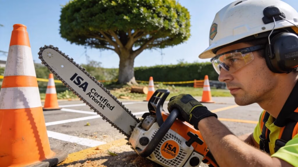 Certified Arborist following safety protocols with PPE during tree removal