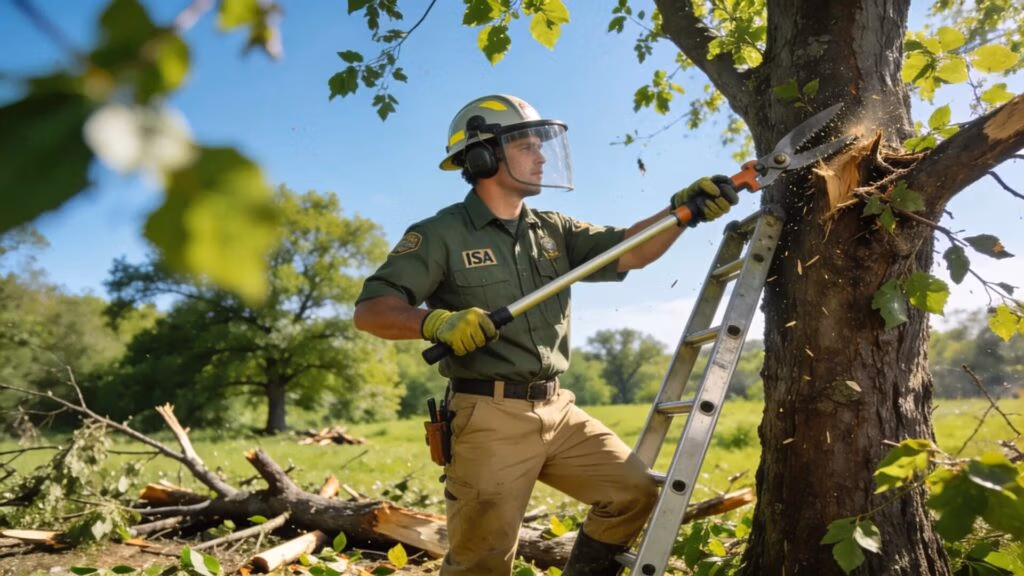 ISA Certified Arborist performing post-storm pruning on a healthy tree for restoration