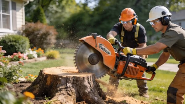 Professional stump grinding services in Waukesha, showcasing skilled workers and modern equipment