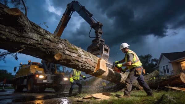 Emergency tree removal service crew clearing a fallen tree in Wisconsin during storm conditions