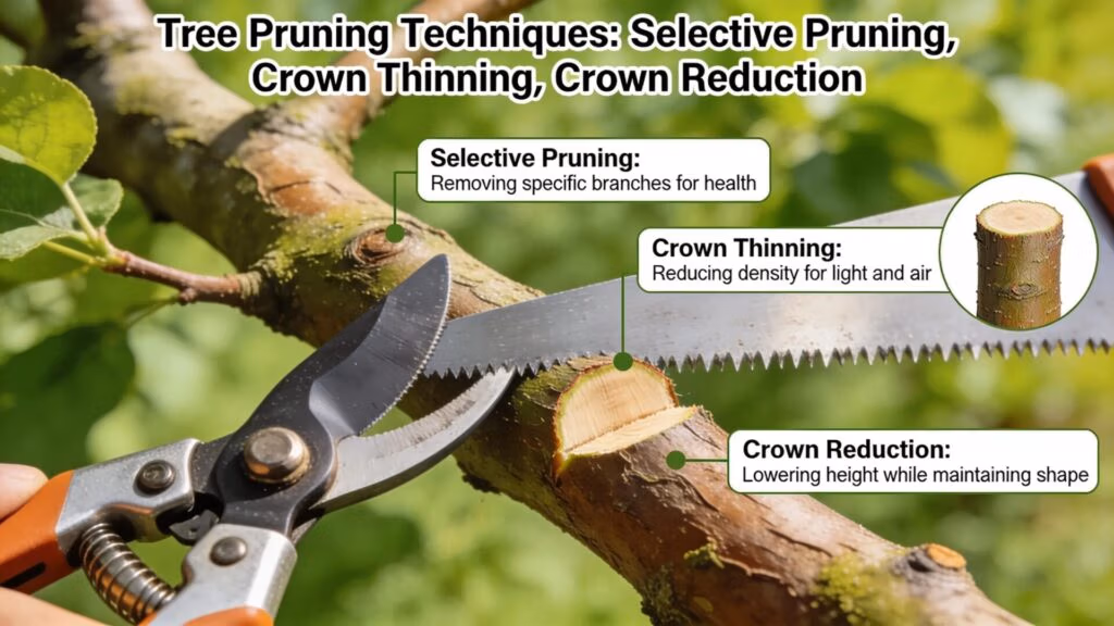 Illustration of tree pruning techniques including selective pruning and crown thinning exhibited on a tree branch