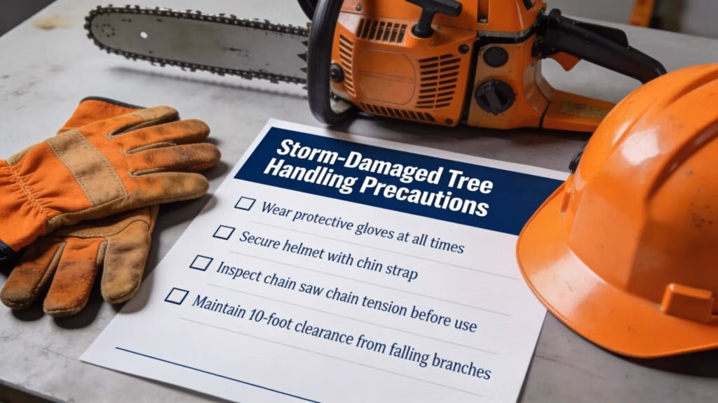 Safety guidelines checklist for managing storm-damaged trees with proper tools