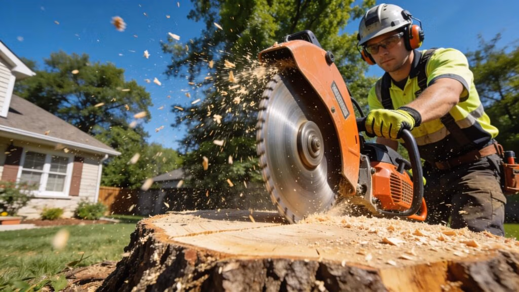 Professional stump grinder in action removing tree stump in a vibrant Waukesha County backyard