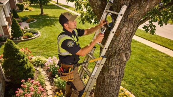Certified arborist conducting a tree health assessment in a residential yard in Milwaukee